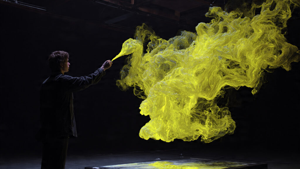 artist controlling a neon yellow holographic paintbrush creating