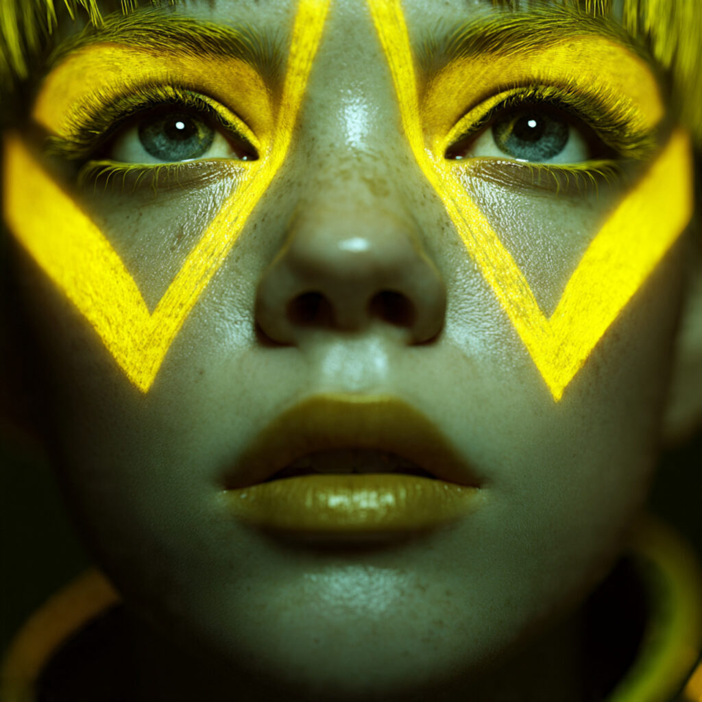 close up portrait with futuristic neon yellow graphic makeup close up portrait with futuristic neon yellow graphic makeup