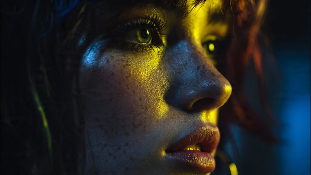 close up profile shot with neon yellow highlights moody