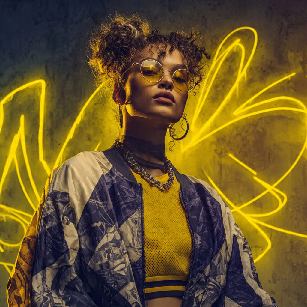 global young woman in urban streetwear standing global young woman in urban streetwear standing