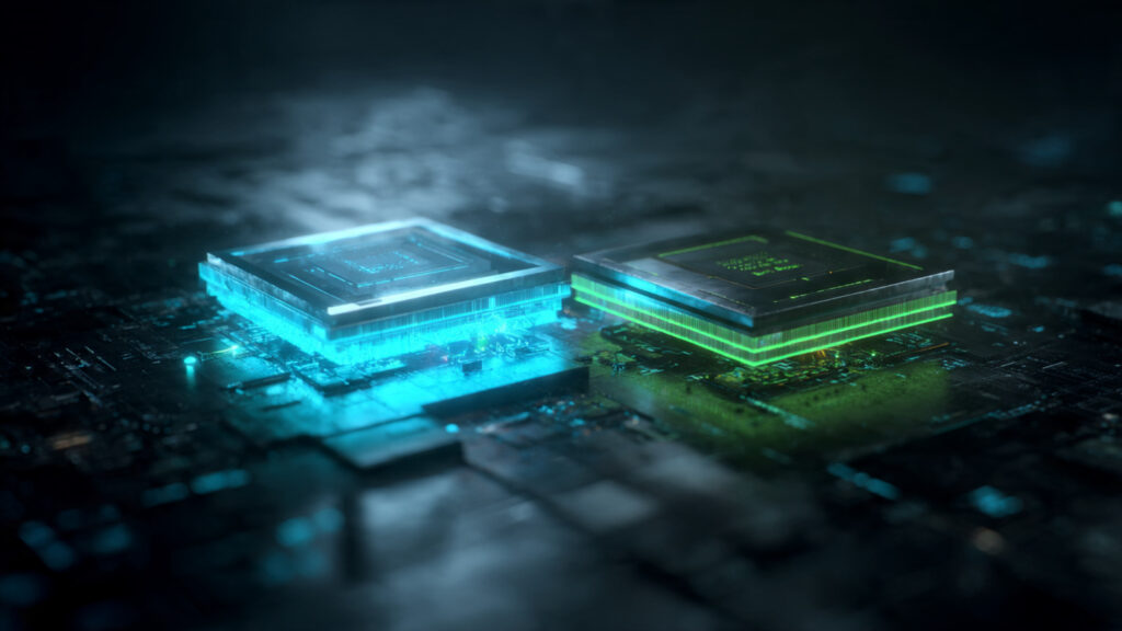 two giant ai chips floating in a
